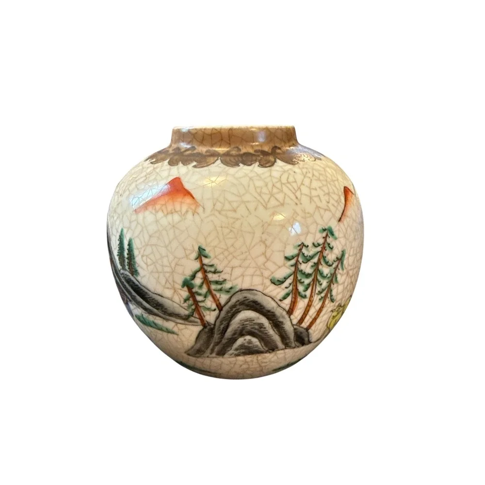 Vintage Chinese Crackle Glaze Ginger Jar Vase Hand Painted Figures Multi